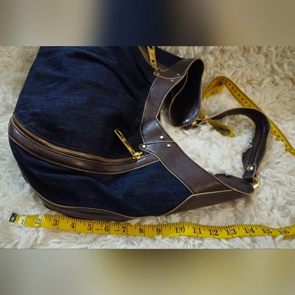 Dana Buchman Demin Navy and Brown Faux Leather Trim w/Gold Hardware Hobo Bag